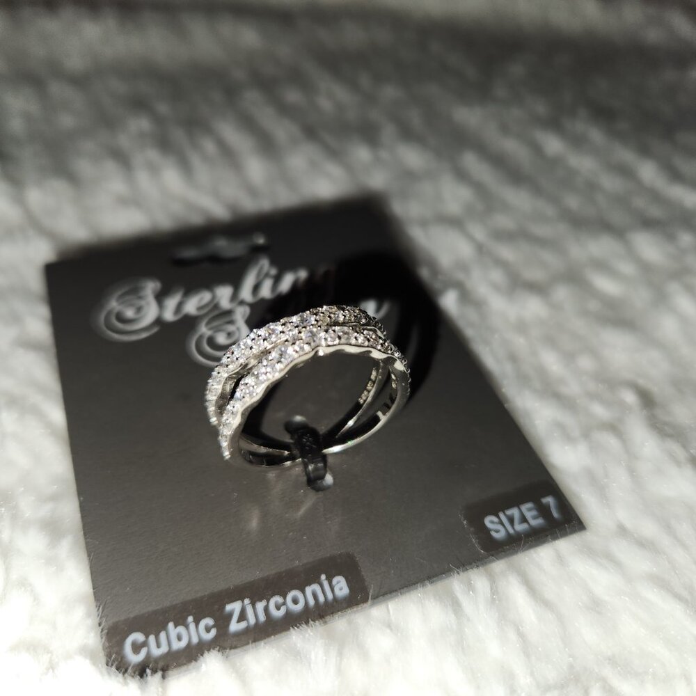 NWT Sterling Silver, Cubic Zirconia Double Band X-Cross Ring, Size 7